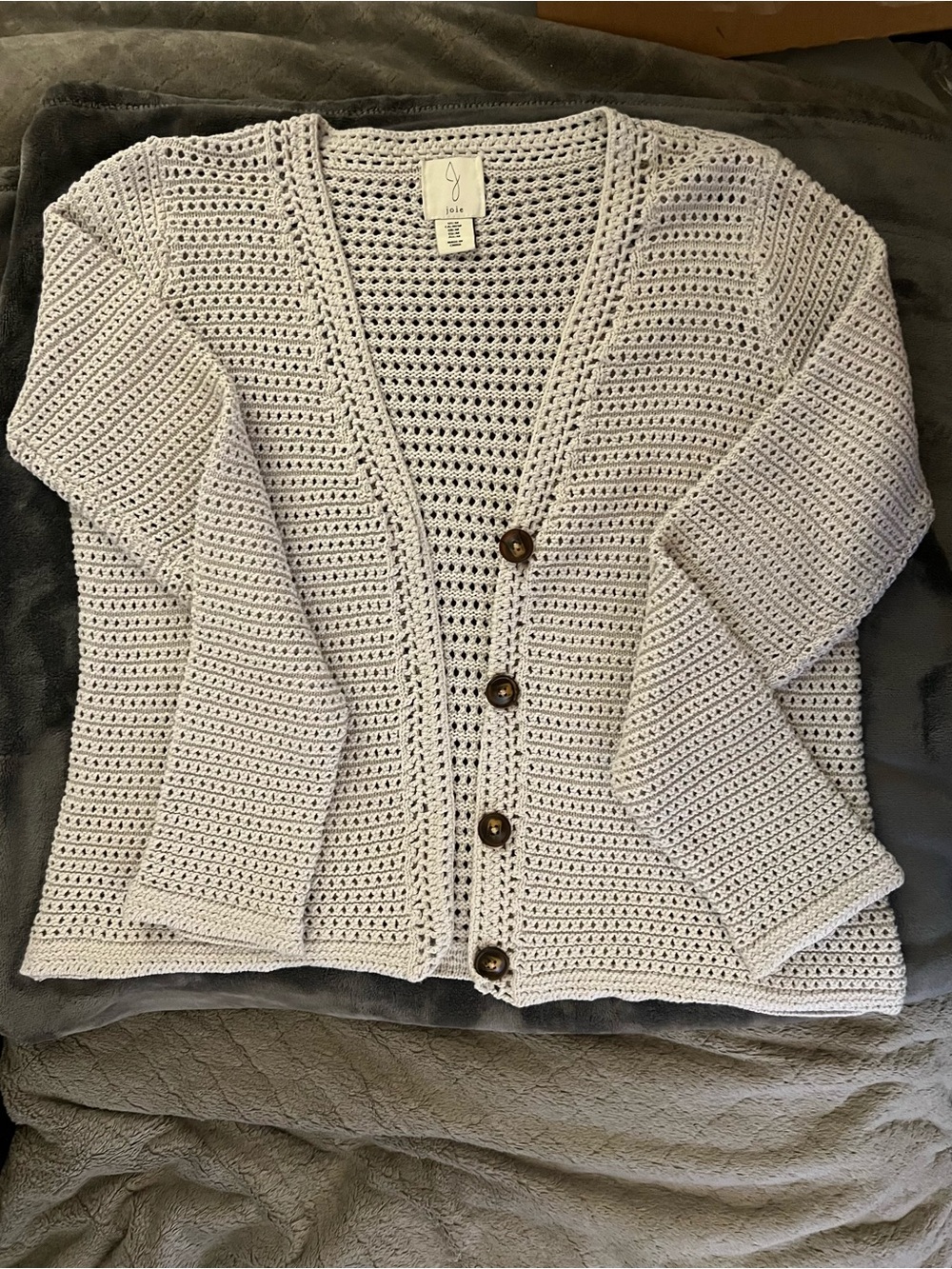 Joie Size M Open-Weave Light Grey-Front Button Women's Cardigan 100% Cotton.